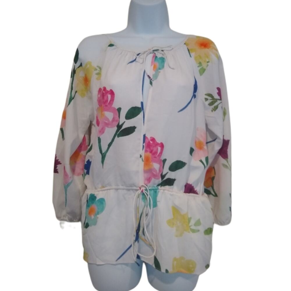 Ecru Hayek Blouse Size Small Silk Blend Floral Drawstring Tie At Waist